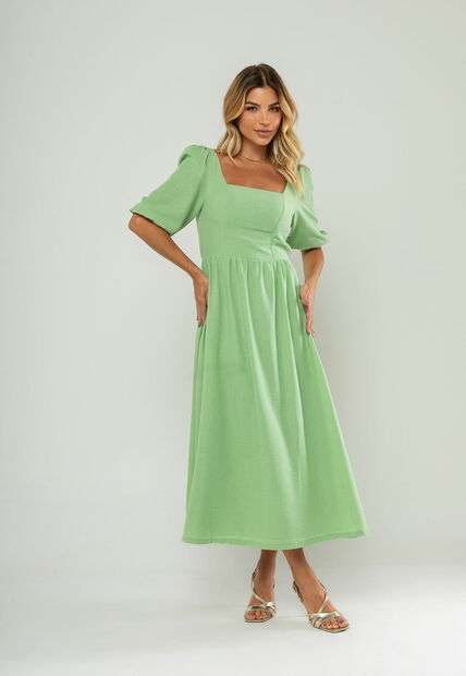 Image_Vestido Longo Com Decote Reto E Manga Bufante 3/4 Verde Salvatore