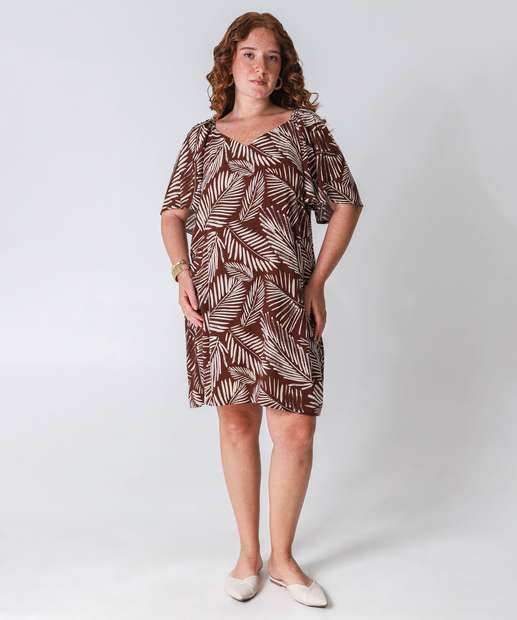 Image_Vestido Plus Size Feminino Folhas Manga Curta Marisa Marrom