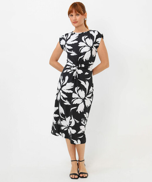 Vestido Midi Feminino Floral Sem Manga Marisa Preto