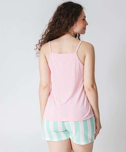 Pijama Feminino Listrado Alças Finas Snoopy Rosa