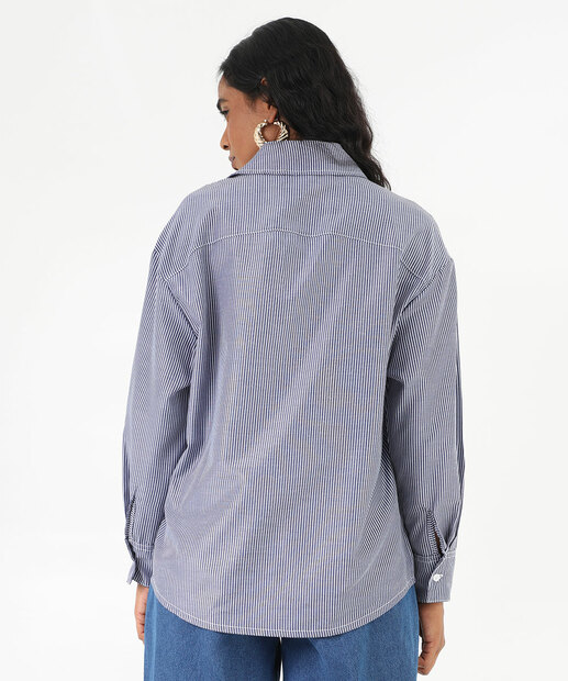 Camisa Feminina Listrada Manga Longa Marisa Azul