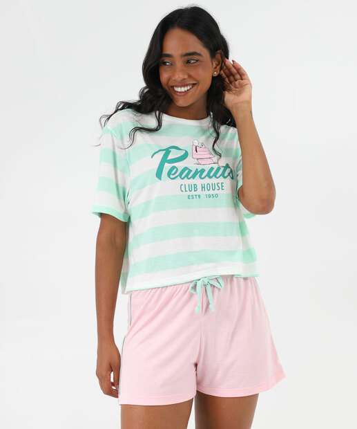 Image_Pijama Feminino Listrado Manga Curta Snoopy Rosa