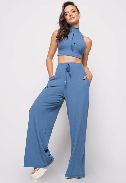 Calça  Wide Leg Malha Canelada Azul Salvatore Fashion