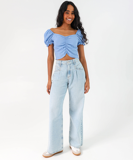 Blusa Cropped Feminina Drapeado Manga Curta Marisa Azul
