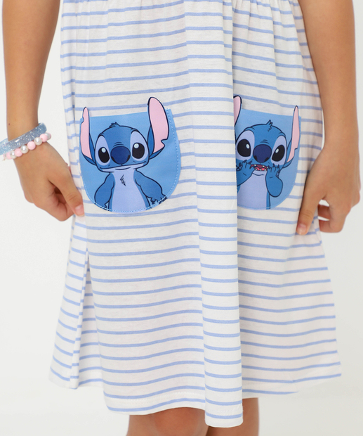 Vestido Infantil Stitch Bolsos Disney Tam 4 a 10 Off White