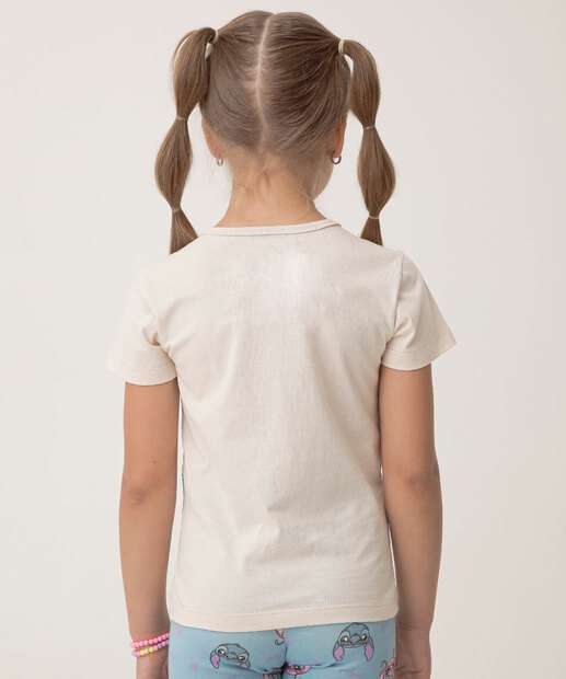 Camiseta Infantil Angel E Stitch Disney Tam 4 a 10 Bege