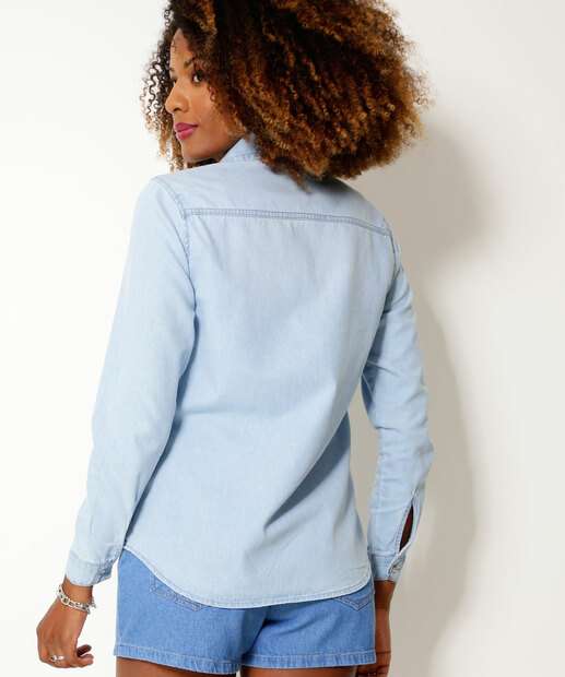 Camisa Feminina Jeans Bolsos Manga Longa Marisa