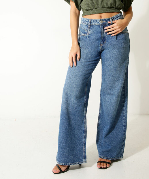 Calça Jeans Wide Leg Feminina Bolsos Marisa
