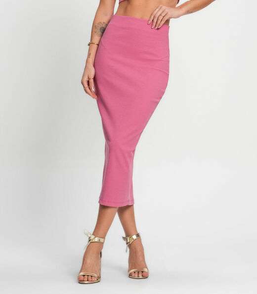 Saia Midi Ribana Canelada Kohmar Rosa