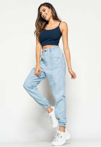 Cropped  Alça Fina Canelado Azul Salvatore Fashion