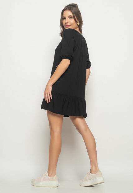 Vestido Curto Viscolinho Com Babado Preto Salvatore Fashion