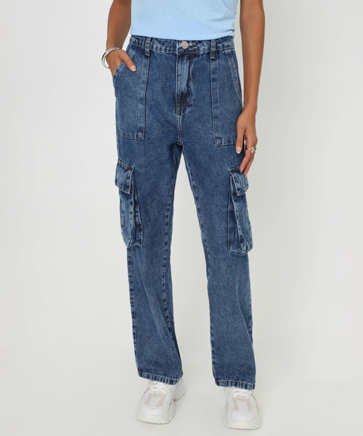 Calça Feminina Jeans Reta Cargo Sawary Azul