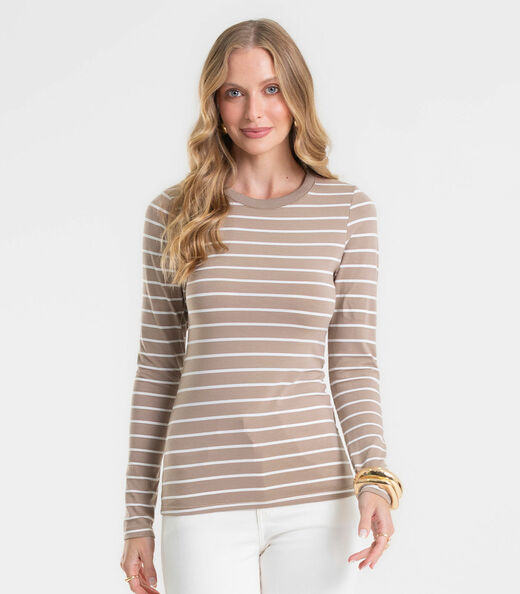 Blusa Manga Longa Feminina Listrada Plus Rovitex Marrom
