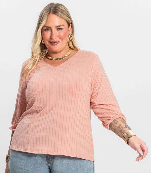 Blusa Canelada Plus Infinita Cor Rosa