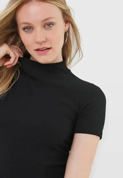 Kit 3 Blusas  Gola Alta Comfy Malha Canelada Preta, Branca e Mostarda