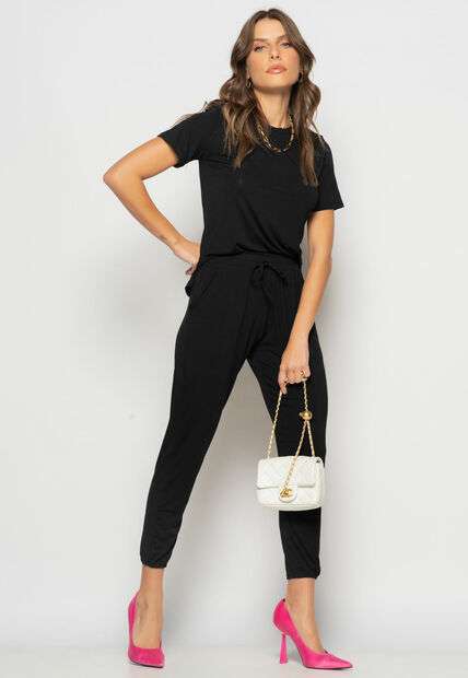 Conjunto Blusa Gola Redonda M/C e Jogger Recortes Malha Preto Salvatore