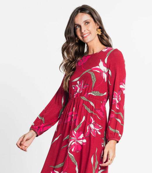 Vestido Feminino Manga Longa Floral Rovitex Vermelho