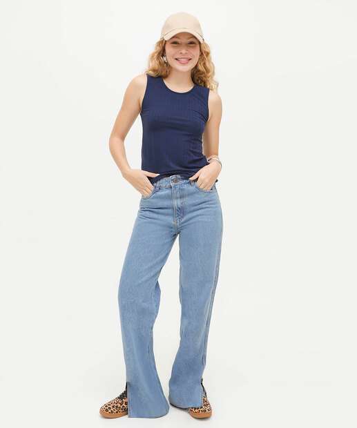 Image_Calça Wide Leg Feminina Barra Desfiada Fenda