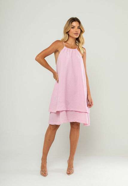 Vestido Curto Com Alças Finas e Babado Duplo Rosa Salvatore