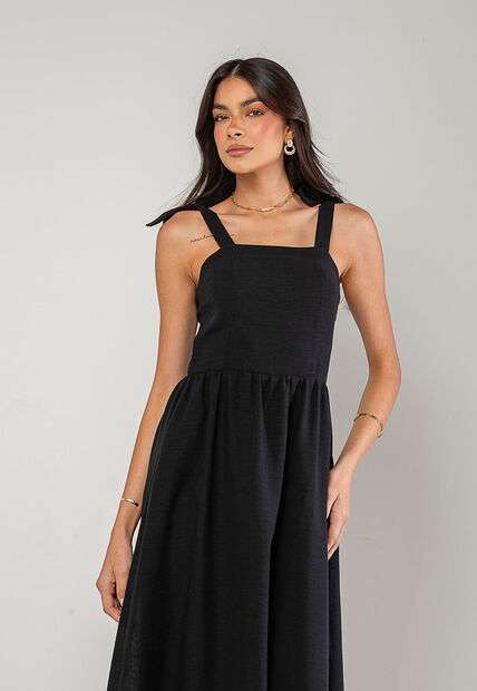 Vestido Alfaiataria Midi Com Alças Largas e Amarração Preto Salvatore