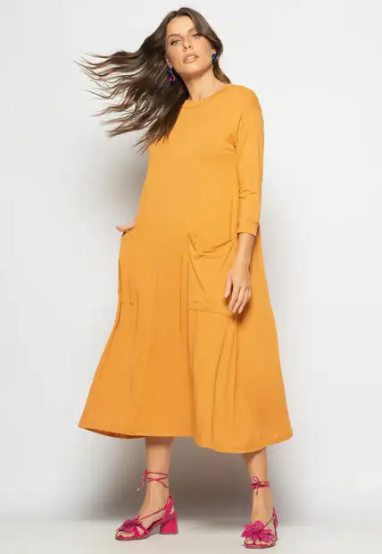 Vestido Midi Com Bolsos E Manga 7/8 Caramelo Salvatore