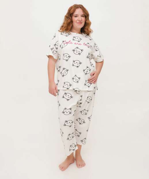Image_Pijama Plus Size Feminino Estampa Gatos Manga Curta Marisa
