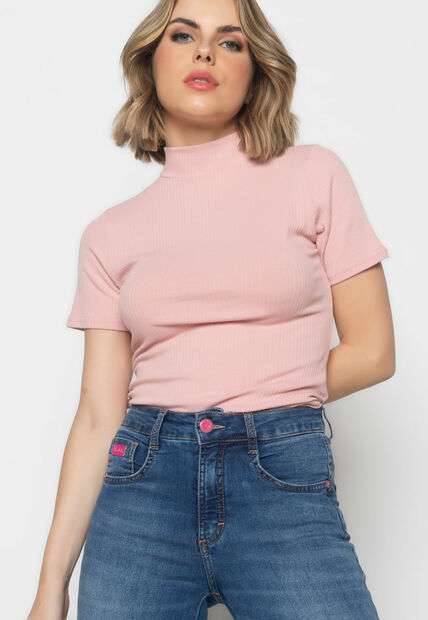 Blusa  Gola Alta Malha Canelada Rosa Claro