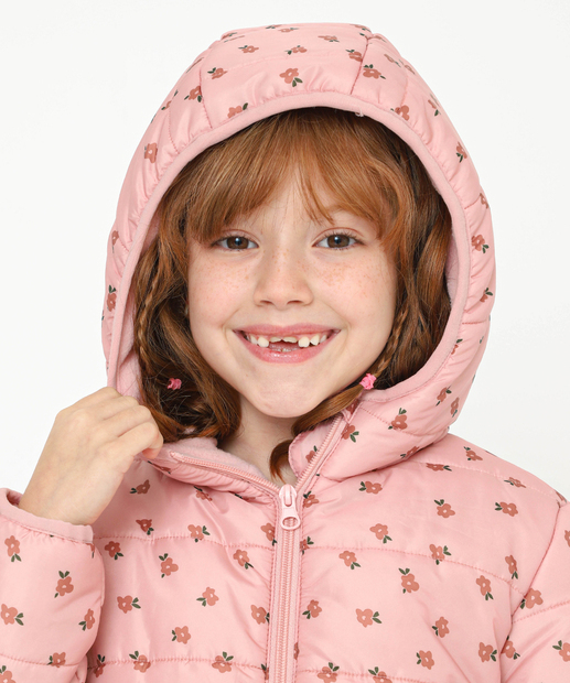Jaqueta Infantil Puffer Capuz Floral Tam 4 a 10 Marisa Rosa