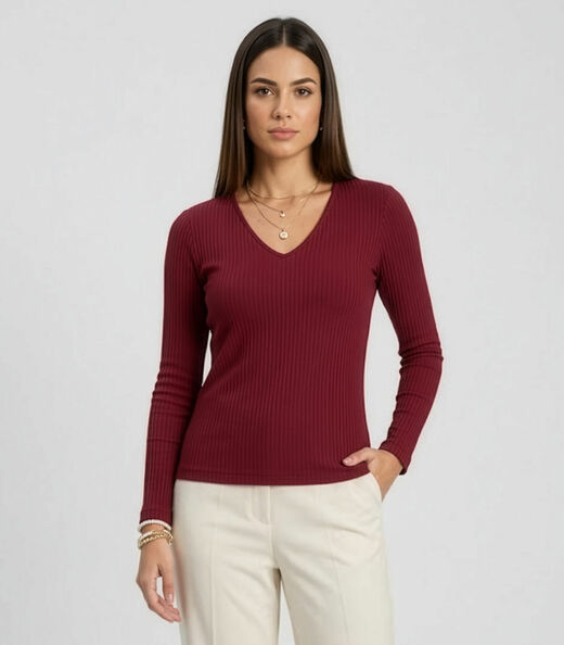 Blusa Manga Longa Em Ribana Canelada Rovitex Vermelho