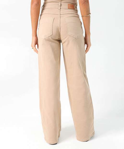 Calça Sarja Reta Feminina Bolsos Sawary Bege