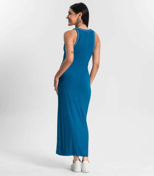 Vestido Midi sem Manga Ribana Canelada Azul
