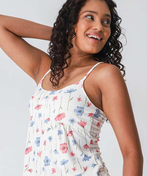 Pijama Feminino Flores Alças Finas Marisa Off White