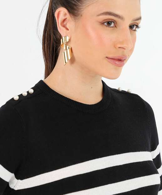 Suéter Feminino Tricô Listrado Pérolas Marisa Preto