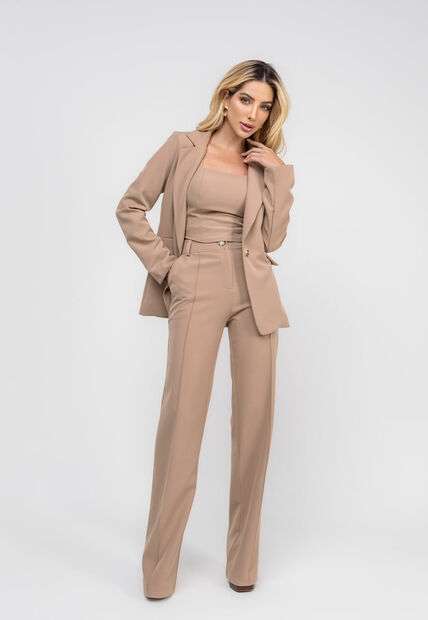 Calça Alfaiataria Reta Com Recorte Bege Salvatore