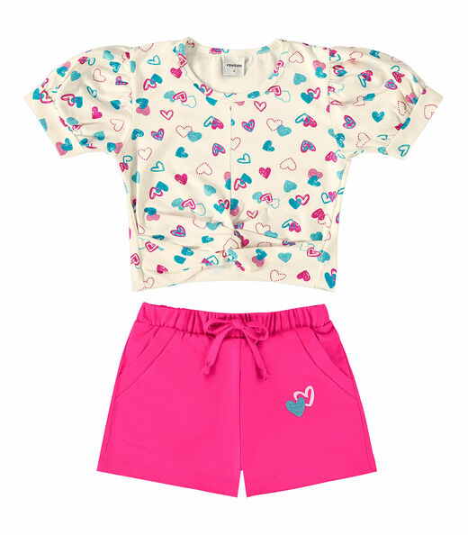 Conjunto Infantil Blusa E Shorts Coração Rovi Kids Bege