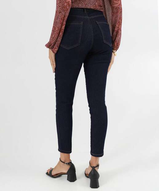 Calça Jeans Skinny Feminina Cintura Alta Bolsos Azul