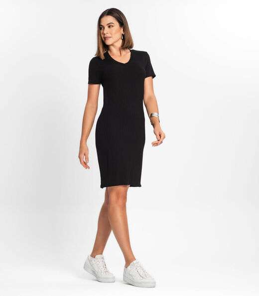 Vestido Feminino Em Ribana Canelada Rovitex Preto