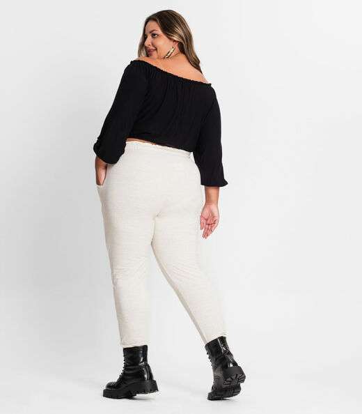 Calça Feminina Plus Size Em Moletinho Secret Glam Off White