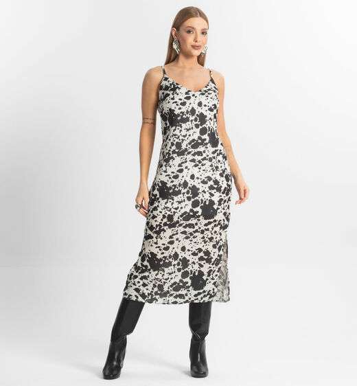 Vestido Feminino Midi De Alça Estampado Veshine Preto