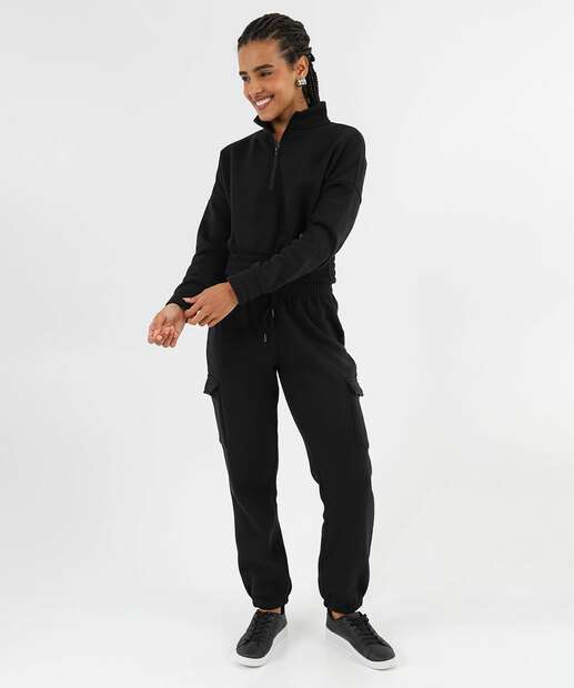 Blusão Feminino Cropped Moletom Flanelado Marisa Preto