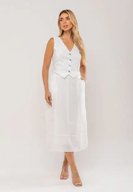 Conjunto Com Colete e Saia Midi Branco Salvatore