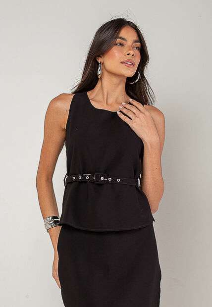 Conjunto Alfaiataria Saia Midi e Regata Preto Salvatore