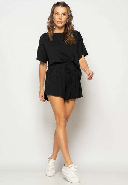 Conjunto Cropped Amplo Manga Curta e Short Malha Preto Salvatore