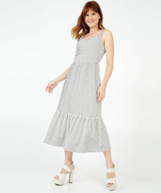 Vestido Midi Feminino Listrado Alças Largas Marisa 