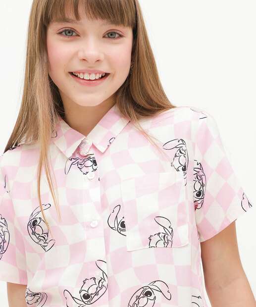 Camisa Juvenil Cropped Estampa Stitch Disney Tam 10 a 16