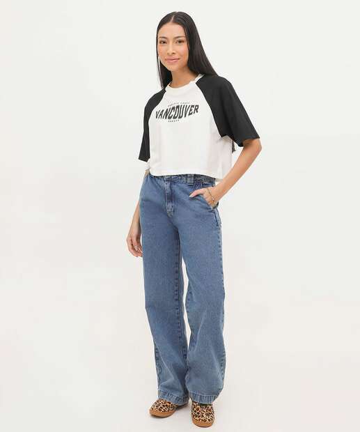 Calça Jeans Wide Leg Bolsos Feminina Sawary