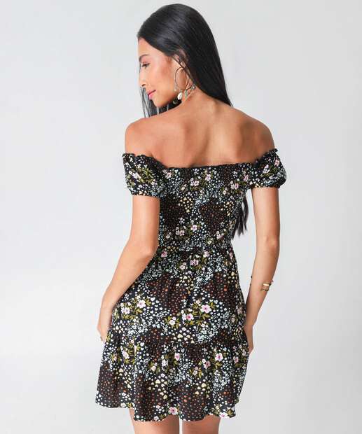 Vestido Feminino Ciganinha Estampa Flores Marisa Preto