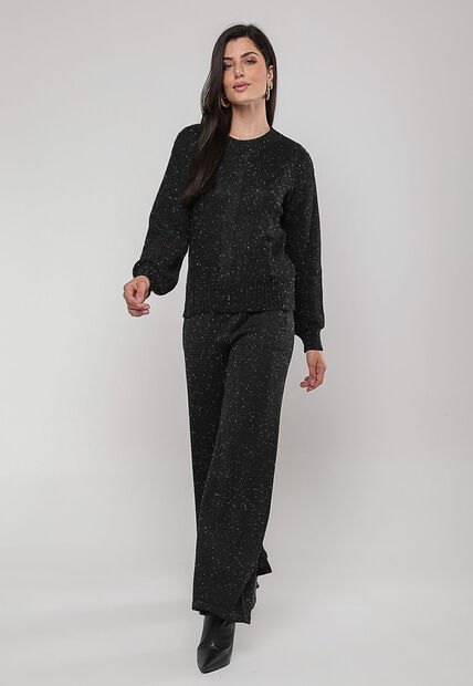 Blusa de Tricot Boton? com Trama Texturizada Preto Salvatore