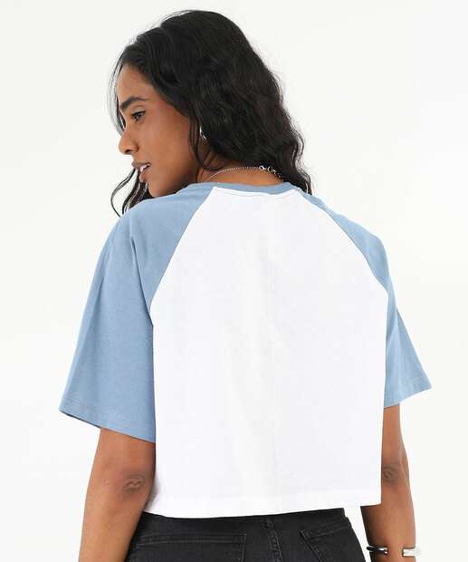 Blusa Cropped Feminina Stitch Manga Curta Disney Azul