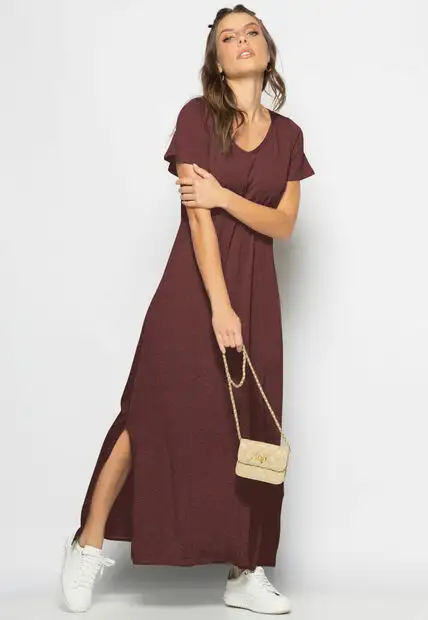 Vestido Longo Manga Curta Malha Marrom Salvatore Fashion